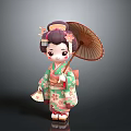 Japanese Geisha Doll Figure With Traditional Hairstyle Cherry Blossom Kimono And Bamboo Umbrella