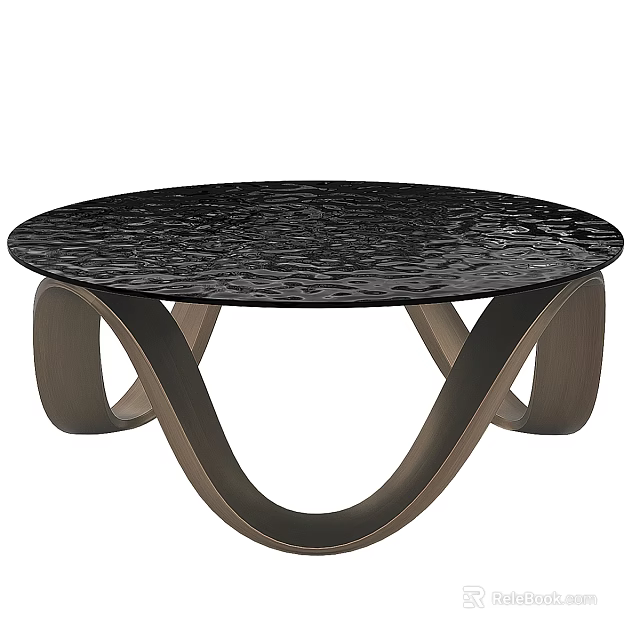Modern Round Coffee Table With Black Textured Tabletop And Curved Wooden Legs 3d model 