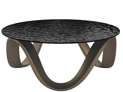 Modern Round Coffee Table With Black Textured Tabletop And Curved Wooden Legs 3d model