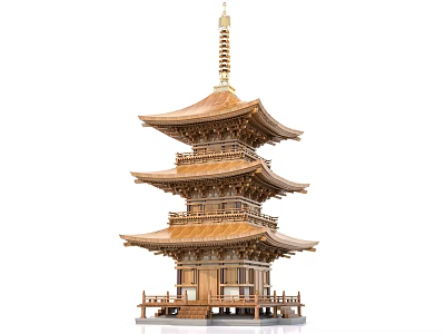 Traditional Wooden Tower With Multi tiered Roof And Golden Spire Design 3d model