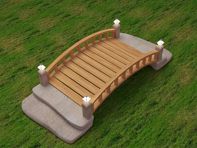 Wooden Arched Bridge With Railings Concrete Bases And White Lamp Posts On Green Grassy Area 3d model