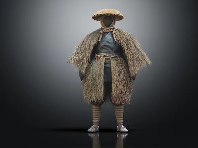 Traditional Straw Woven Costume With Conical Hat Raincoat And Belt Design Elements 3d model