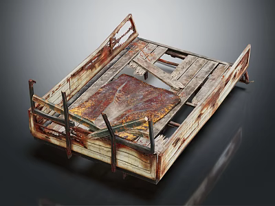Old Rusty Double Bed Wooden Frame With Broken Planks And Metal Parts 3d model