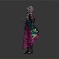 Detailed Anime Cat Ear Warrior Character In Kimono Outfit With Purple Pink Accents And Weapon