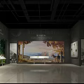 Cultural Center Exhibition Interior With Scenic Murals Display Tables And Information Panels