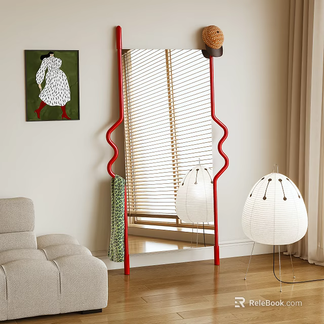 Red Wavy Frame Mirror in Modern Living Room with Sofa Floor Lamp and Painting 3d model 