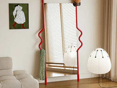 Red Wavy Frame Mirror in Modern Living Room with Sofa Floor Lamp and Painting 3d model
