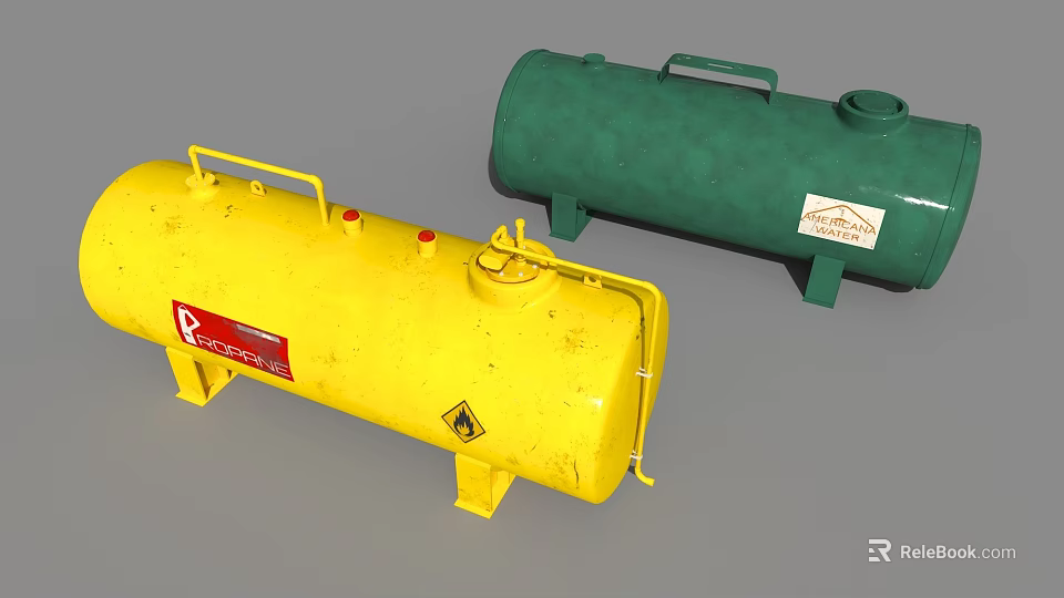 Yellow and Green Industrial Storage Tanks With Handles Valves and Labeled Panels 3d model 