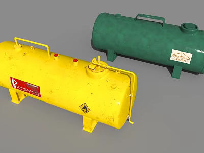 Yellow and Green Industrial Storage Tanks With Handles Valves and Labeled Panels 3d model
