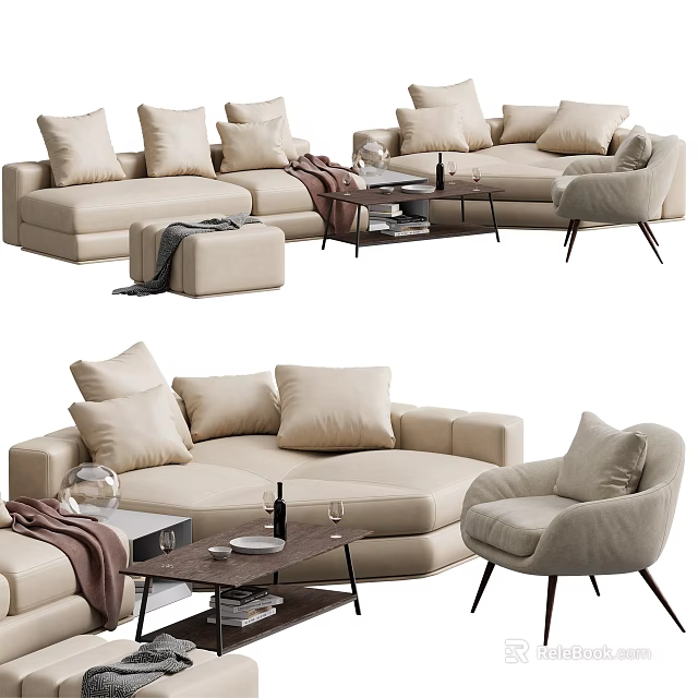 Elegant Modern Light Beige L Shaped Sofa With Coffee Table Throw Pillows And Accent Chair 3d model 