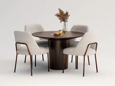 Round Brown Dining Table Set with Four Light Grey Fabric Chairs and Decorative Vase 3d model