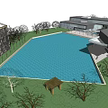 Modern Cultural Center Building With Unique Geometric Design Waterfront Lawn And Trees