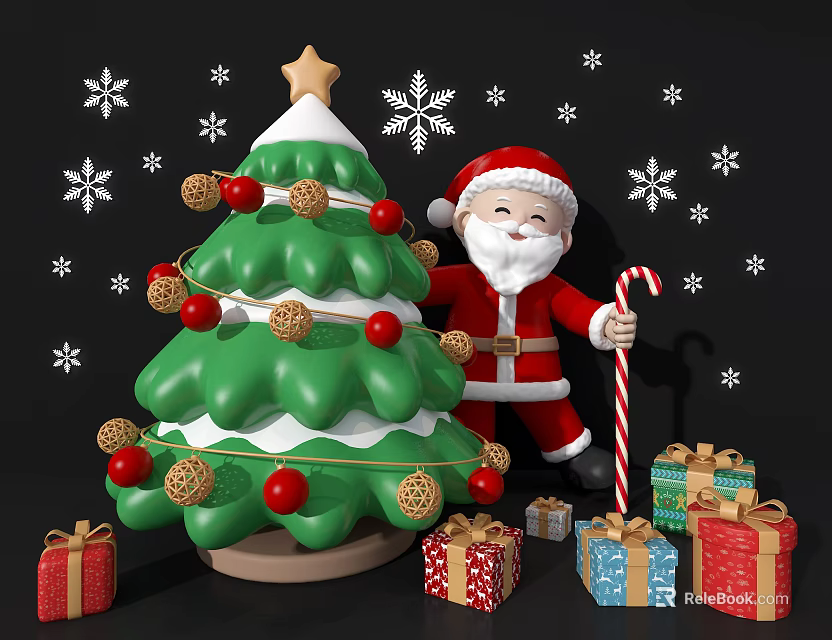 Festive Christmas Window Display With Green Tree Santa Claus Candy Cane Gift Boxes And Snowflakes 3d model 
