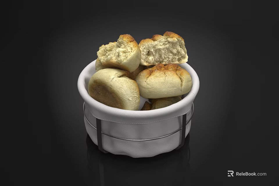 Fresh Homemade Bread in White Basket with Some Whole and Bitten Pieces 3d model 