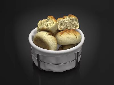 Fresh Homemade Bread in White Basket with Some Whole and Bitten Pieces 3d model