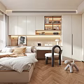 Modern Tatami Bedroom Interior With Bed Desk Laptop Lamp And Wooden Floor