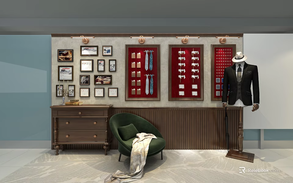 Wooden Background Wall With Decorative Pictures Display Cases Ties Cufflinks And Suit Mannequin 3d model 