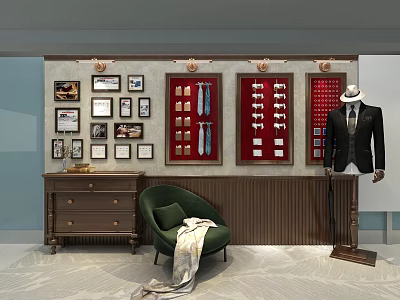 Wooden Background Wall With Decorative Pictures Display Cases Ties Cufflinks And Suit Mannequin 3d model