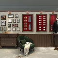 Wooden Background Wall With Decorative Pictures Display Cases Ties Cufflinks And Suit Mannequin