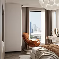 Modern Bedroom Interior With Platform Bed Globe Chandelier Accent Chair And Area Rug