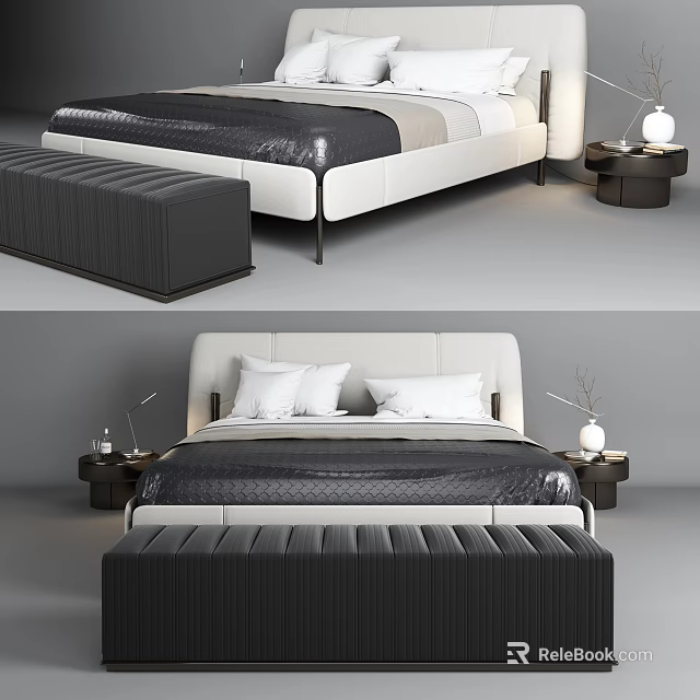 Modern Double Bed With Upholstered Headboard Bed Bench Nightstands And Side Lamps 3d model