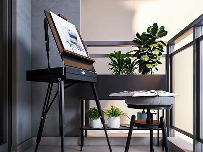 Art Studio Easel Setup With Drawing Table Art Supplies Green Plants And Stool 3d model