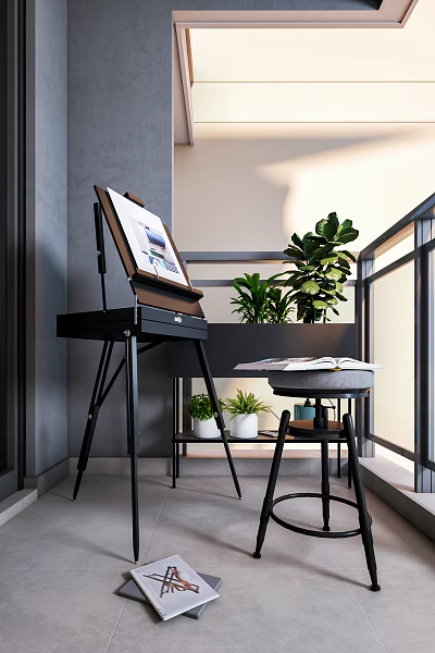 Art Studio Easel Setup With Drawing Table Art Supplies Green Plants And Stool 3d model Art Studio Easel Setup With Drawing Table Art Supplies Green Plants And Stool 3d model