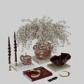 Brown Textured Vase With White Baby's Breath Flowers Candles Zebra Print Mug Books Decorative Bowl