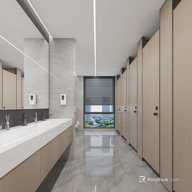 Bright Modern Public Restroom Design With Marble Walls Washbasins Stalls And Mirrors 3d model 