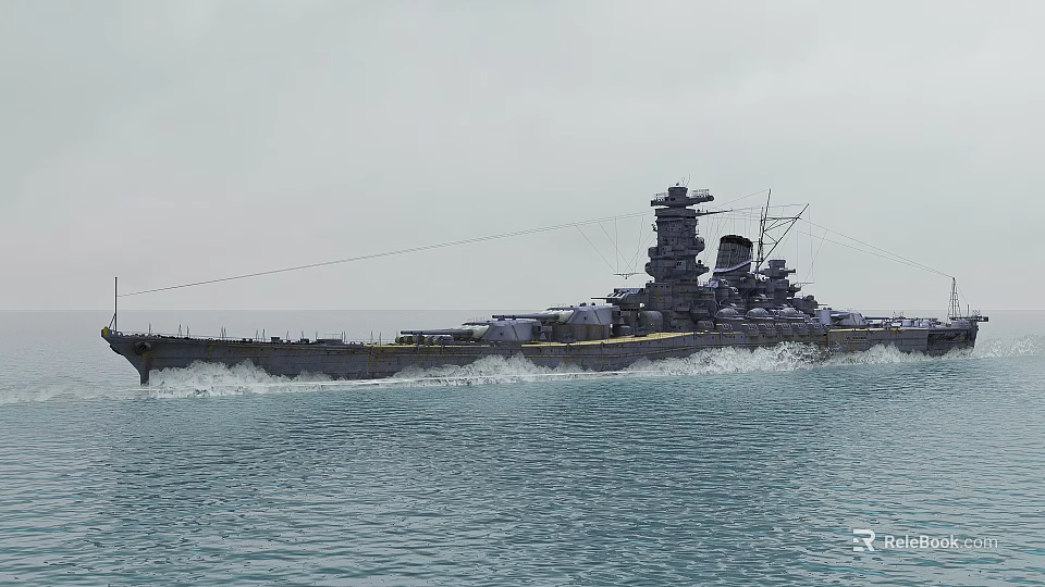 Battleship Sailing On Open Ocean With Turrets Masts And Rolling Waves 3d model 