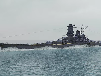 Battleship Sailing On Open Ocean With Turrets Masts And Rolling Waves 3d model