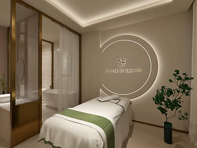 Beauty Salon Spa Treatment Room With Circular Light Green Accents Minimalist Design And Potted Plant 3d model