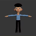 Cartoon Character Wearing Black Hat Blue White Striped Shirt Black Pants With Arms Outstretched