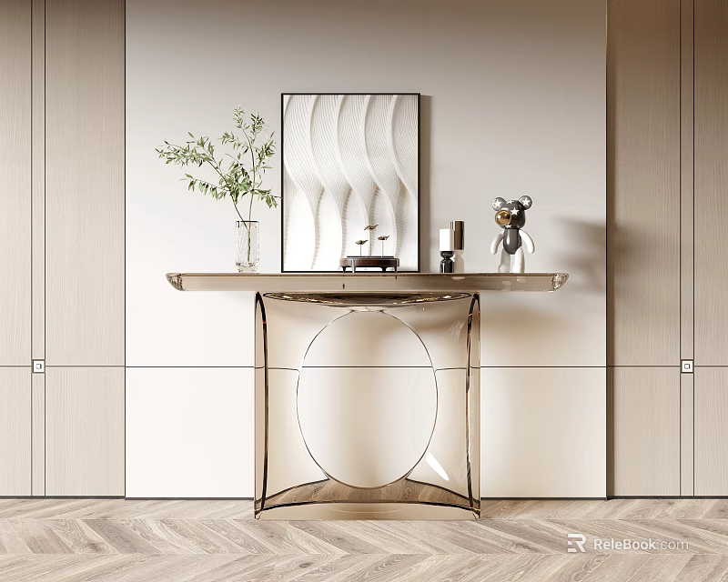 Modern Minimalist Console Table Interior With Green Plant Artwork And Decorative Items 3d model 