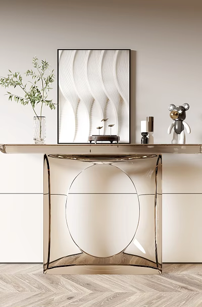 Modern Minimalist Console Table Interior With Green Plant Artwork And Decorative Items 3d model