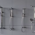 Various Modern Metal Shower Systems Featuring Overhead And Handheld Parts On Grey Tile Wall