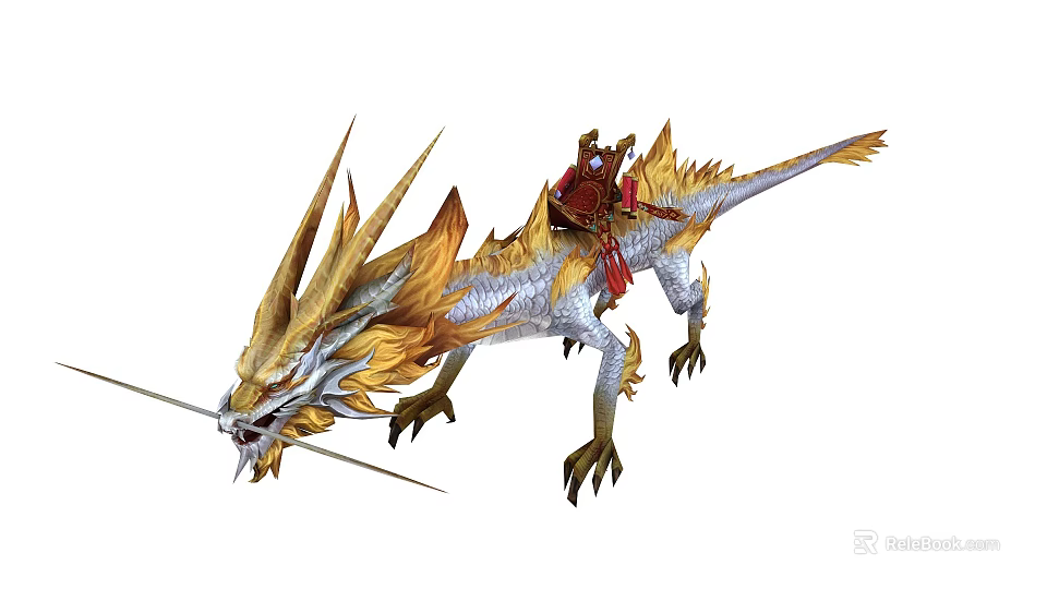 Majestic Mythical Flying Dragon With Spiked Head Golden White Scales And Rider 3d model 