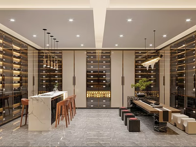 Modern Wine Cellar Interior With Wooden Racks Marble Counter Tables And Pendant Lights 3d model