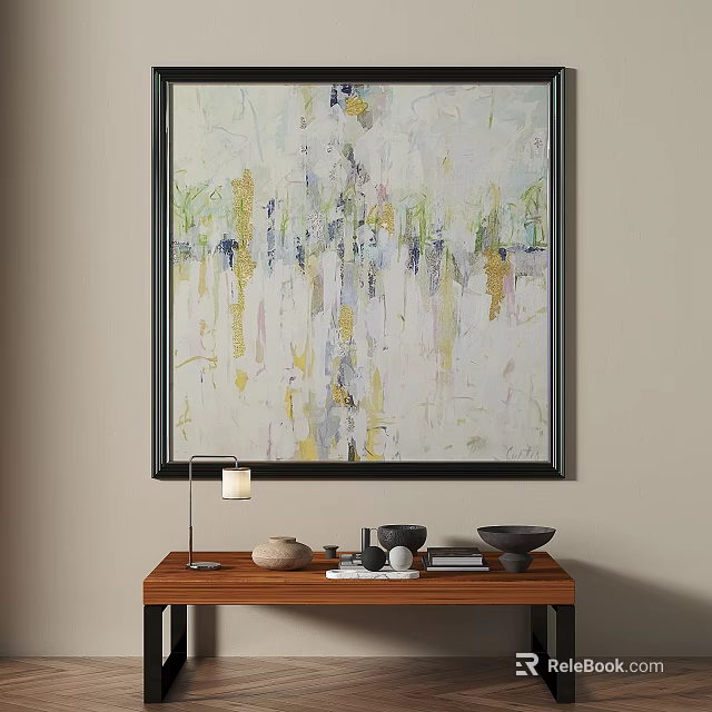 Abstract Painting With Soft Yellow Green White Tones Vertical Strokes And Drip Effect 3d model 