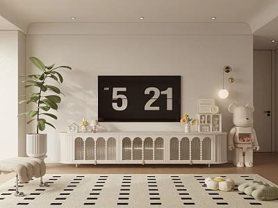 Minimalist White TV Stand With TV Decorative Items Green Plant And Soft Rug 3d model