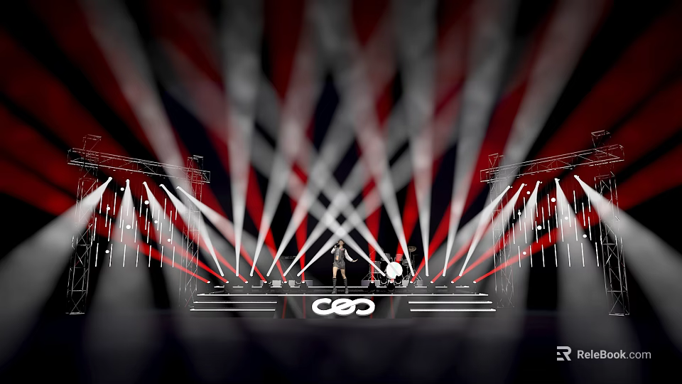 Stage Performance With Red White Beam Lights And CEO Logo 3d model 