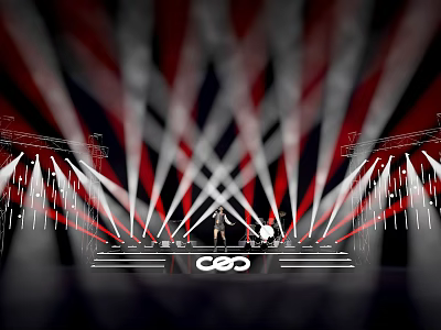Stage Performance With Red White Beam Lights And CEO Logo 3d model