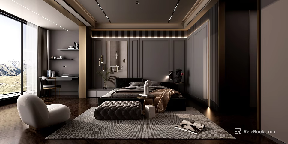 Modern Luxury Bedroom Interior With Dark Gray Paneled Walls Black Bed And Textured Rug 3d model 
