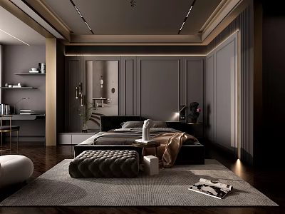 Modern Luxury Bedroom Interior With Dark Gray Paneled Walls Black Bed And Textured Rug 3d model