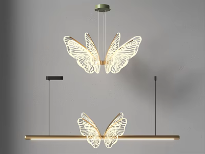 Modern Double Butterfly Chandelier With Wing Design Hanging Metal Bar Warm Light Illumination 3d model