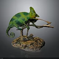 Green Chameleon Figure On Branch With Extended Tongue And Natural Textured Base