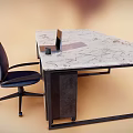 Modern Office Desk With Marble Top Blue Chair Laptop And Drawer Cabinet