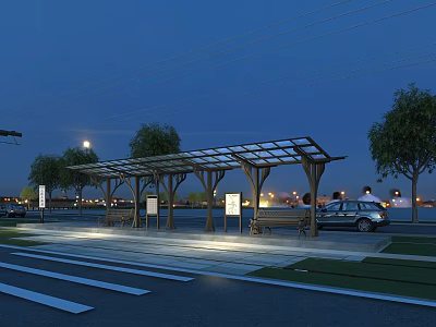 Well Lit Road Facilities With Bus Shelter Benches Street Lights And Trees At Night 3d model