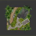 Cartoon Scene With Cozy Small House Tall Green Trees Stone Pathway Lush Lawn And Decorations
