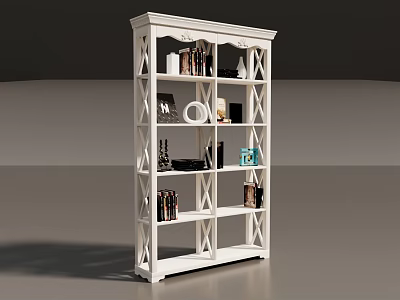 White Cross Frame Bookshelf With Books Decorative Items And Photo Frames In Modern Interior 3d model